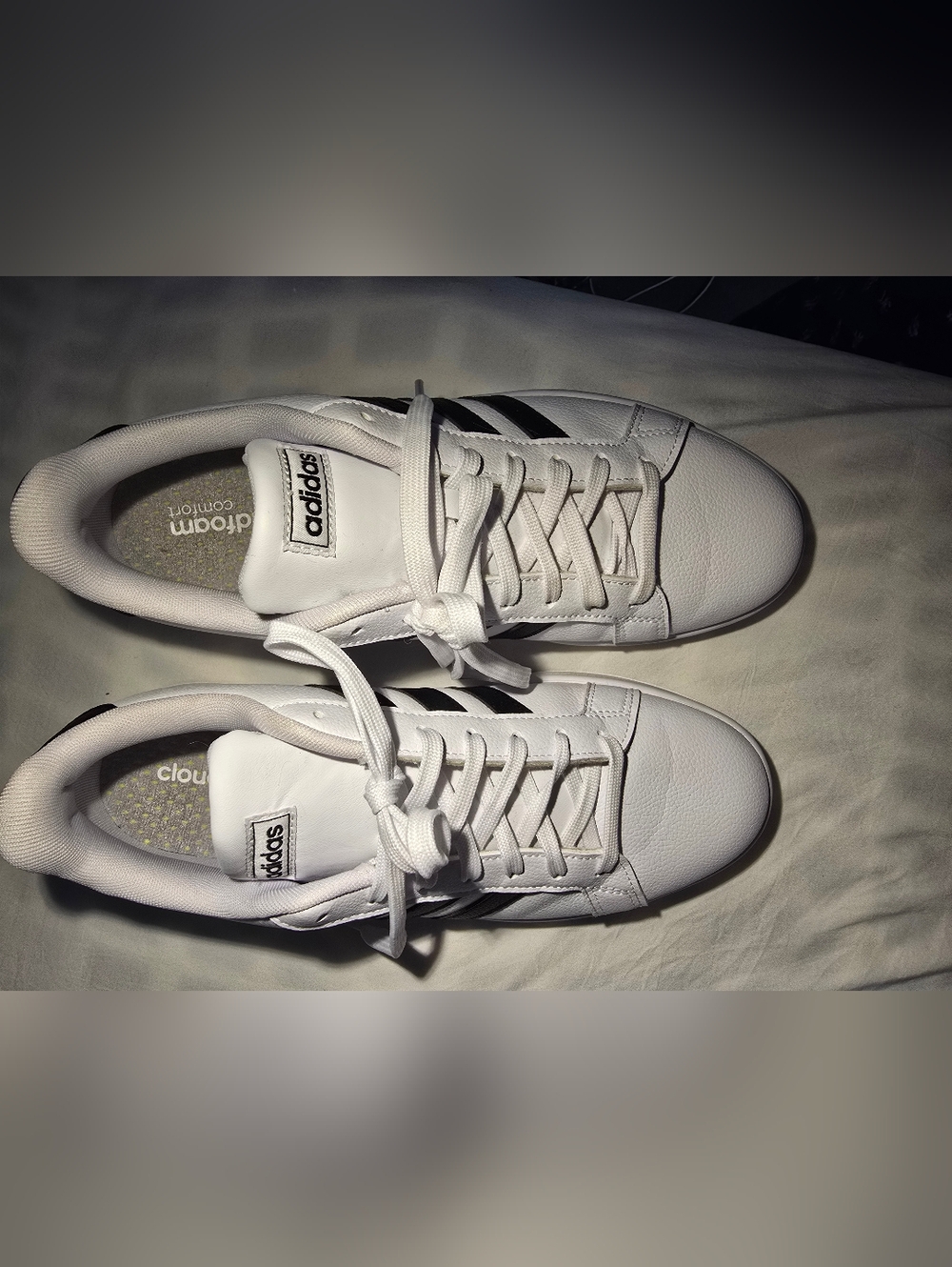 Adidas White Sneakers with Black Stripes